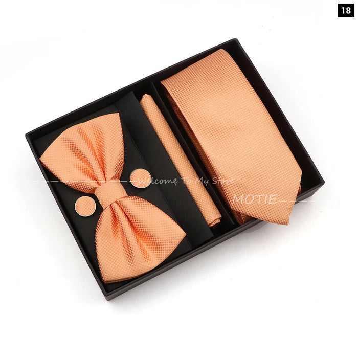 Premium Striped Tie Set Box Necktie Bowtie Handkerchief Cufflinks For Weddings And Suits