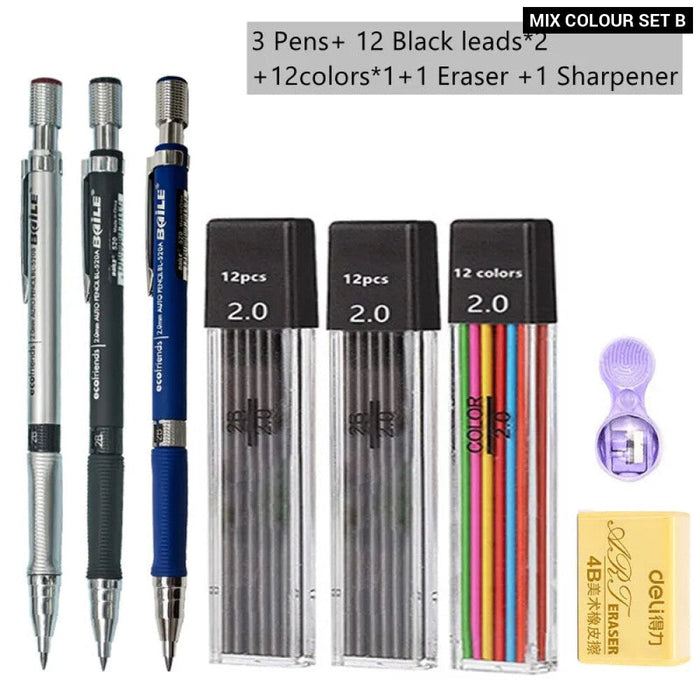 2.0Mm Mechanical Pencil Set With 2B Lead Refill For Writing Sketching And Drawing