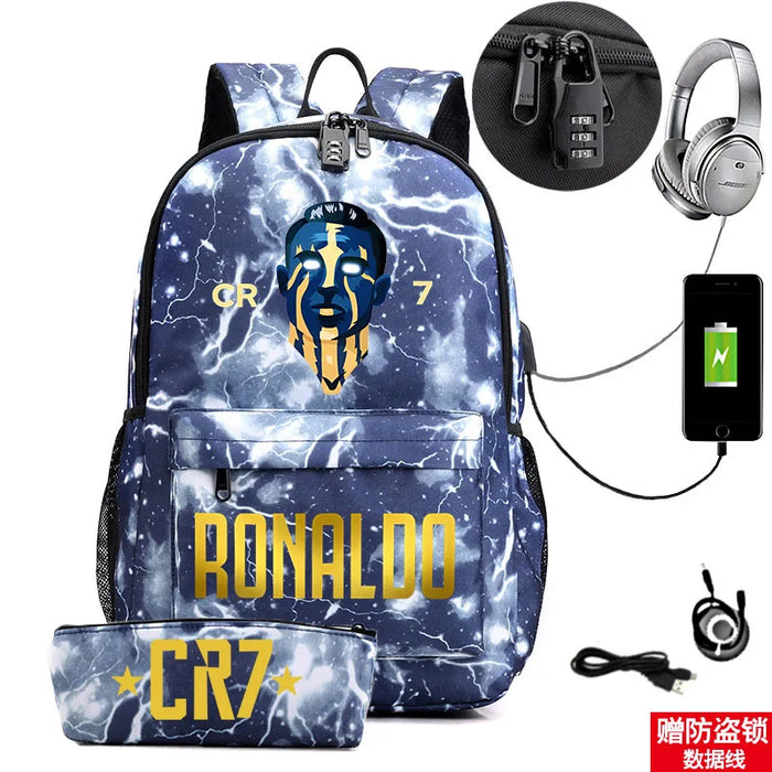 Ronaldo Printed Backpack With Usb And Lock 2 Piece Set