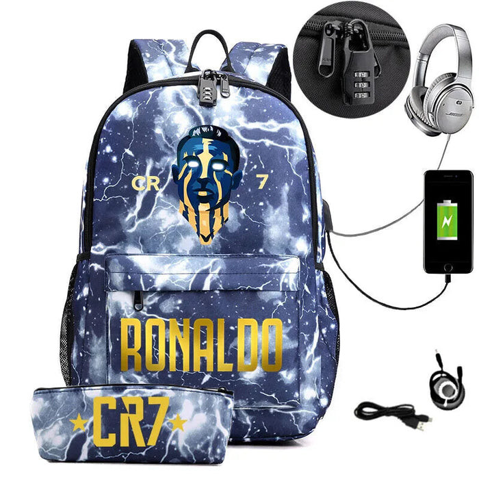 Ronaldo Printed Backpack With Usb And Lock 2 Piece Set