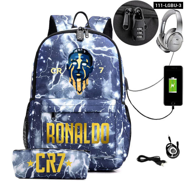 Ronaldo Printed Backpack With Usb And Lock 2 Piece Set