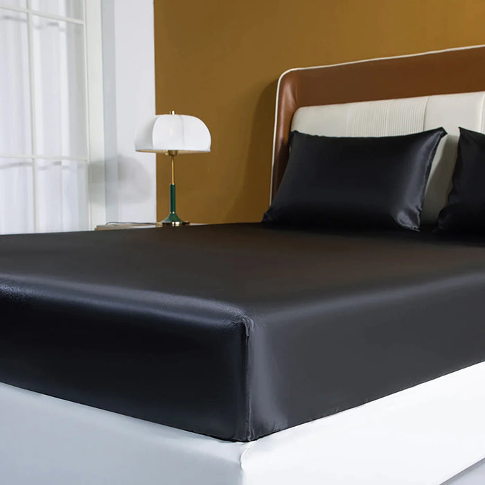 Luxury Black Satin Fitted Sheet Set Bedding