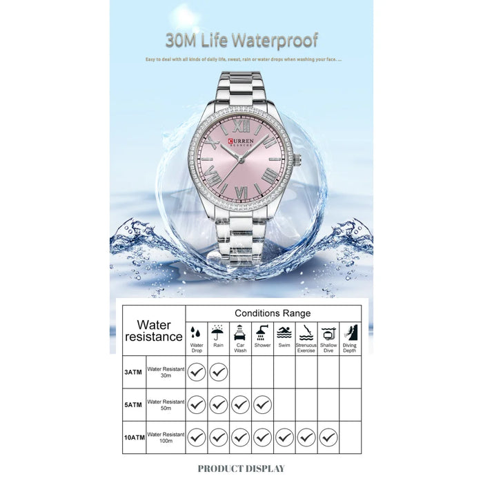 Stainless Steel Elegant Rhinestones Thin Luminous Quartz Wristwatch