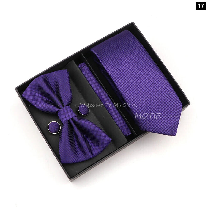 Premium Striped Tie Set Box Necktie Bowtie Handkerchief Cufflinks For Weddings And Suits