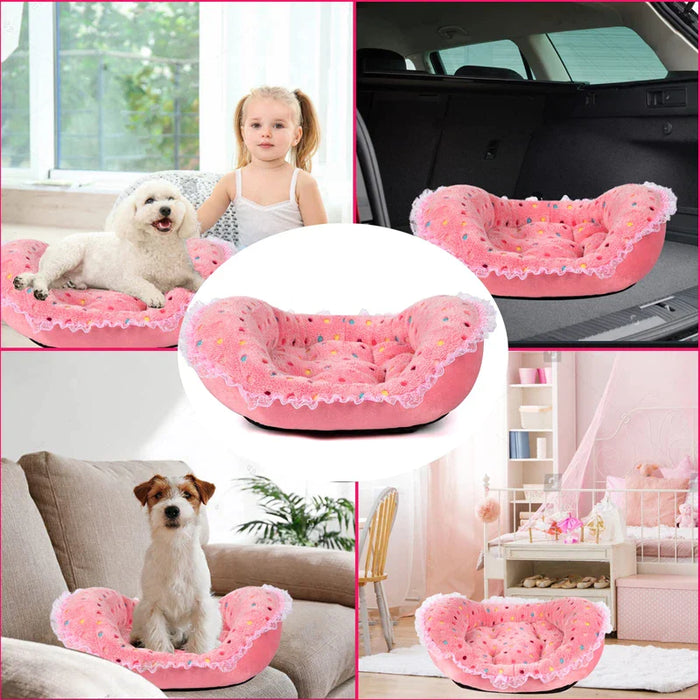 Princess Style Pet Bed Pink Polka Dots Soft Fleece Anti Slip Sofa