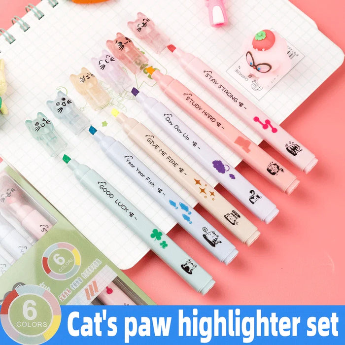 Pack Of 6 Kawaii Cat Claw Highlighters Fluorescent Art Markers