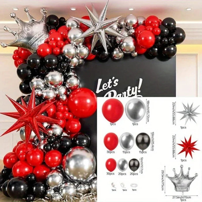 138Pcs Crown Balloon Arch Set - Red Black Silver Balloon Explosion Star Crown-For Weddings Birthdays Balls And Other Events
