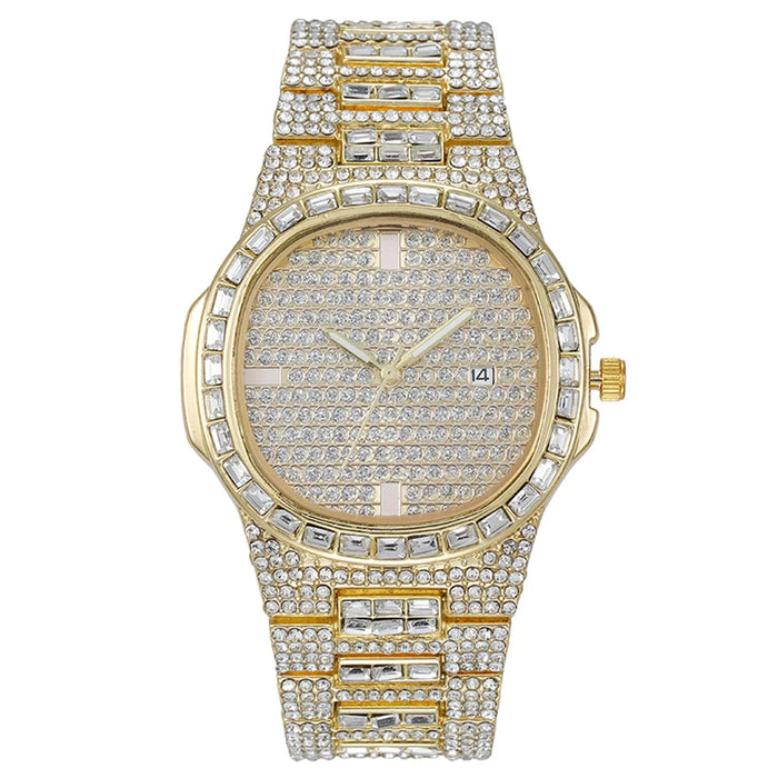 Womens Iced Out Diamond Quartz Wrist Watch Gold Dress With Rhinestone Jewellery 4Pcs Set
