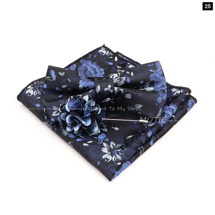 Blue Floral Pocket Square Set Bowtie Cufflink Brooch For Weddings