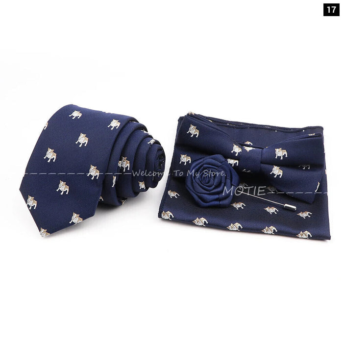 Cartoon Insect Tie Set Blue Bowtie Handkerchief Necktie For Men Business Party Casual Wear Gift