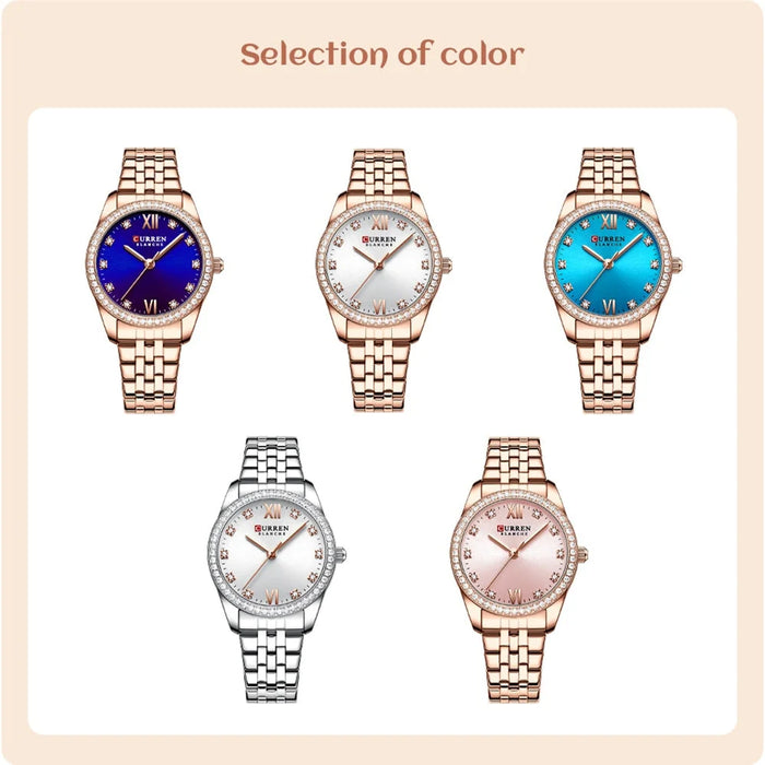 Stainless Steel Charming Rhinestone Rose Dial Quartz Watches For Women