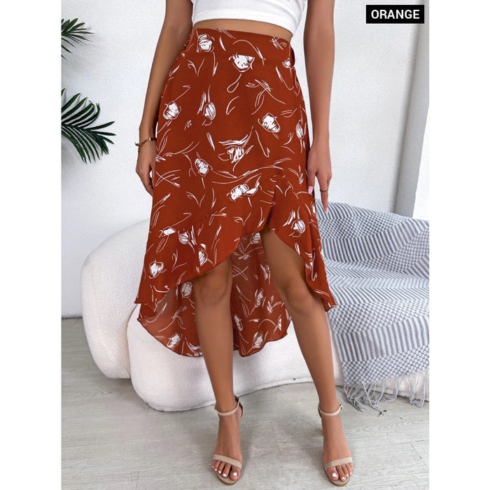 Floral Print Ruffled Asymmetrical Skirt For Women