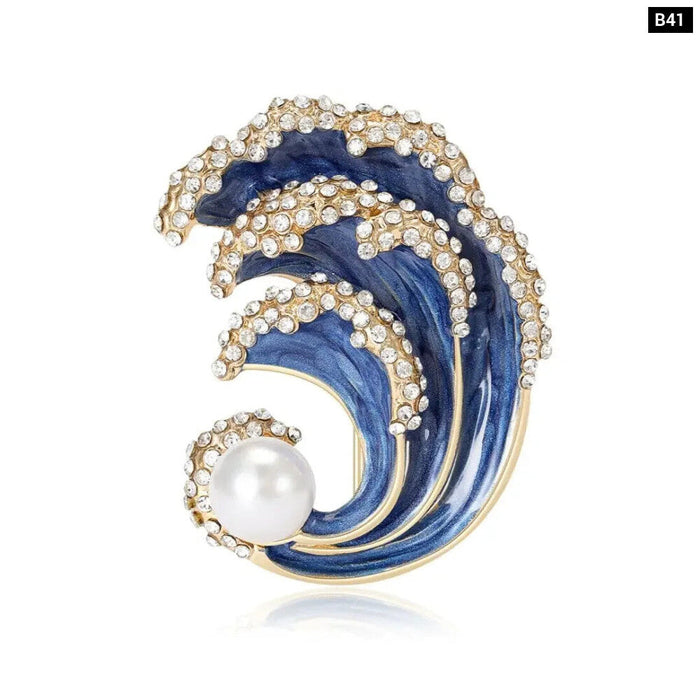 Ocean Blue Green Enamel Sea Wave Brooch For Women Luxury Pearled Lapel Pin With Hollow Out Design