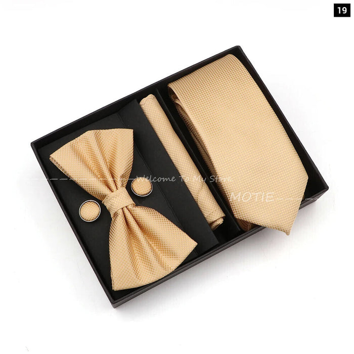 Premium Striped Tie Set Box Necktie Bowtie Handkerchief Cufflinks For Weddings And Suits