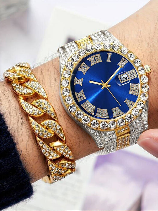 2pcs Fashion Luxury Full Diamond Steel Band Calendar Roman