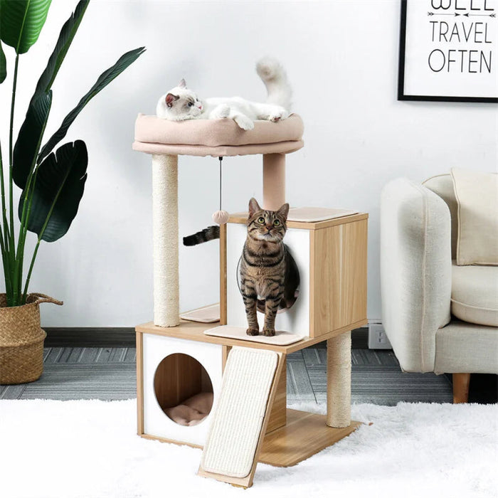 130Cm Wooden Cat Tree Double Condos Sisal Post