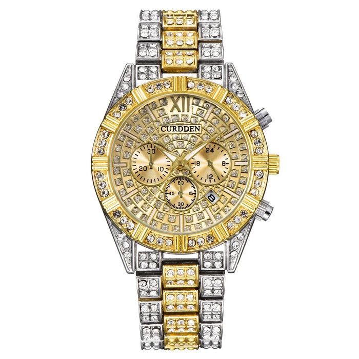 Mens & Womens Diamond Quartz Hip Hop Shiny Crystal Couple Wrist Watch 4Pcs Set With Bracelet
