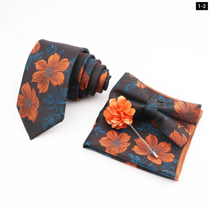 Flower Pattern Ties And Handkerchief Set For Weddings And Business