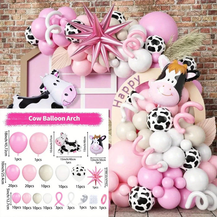 129Pcs Cow Balloon Arch Set With White Cow Print Balloon And Pink Starburst Farm Cowboy Girl Cow Theme Birthday Party Decoration