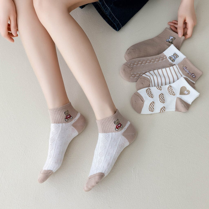 5 Pairs Women Elegant Socks Retro Polyester Cotton Low Tube Girl Breathable Japanese Style Casual Stockings