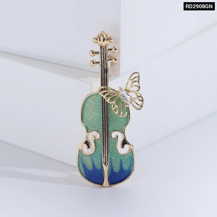 Charming Enamel Violin Brooch Pin With Butterfly Womens Fashion Accessory