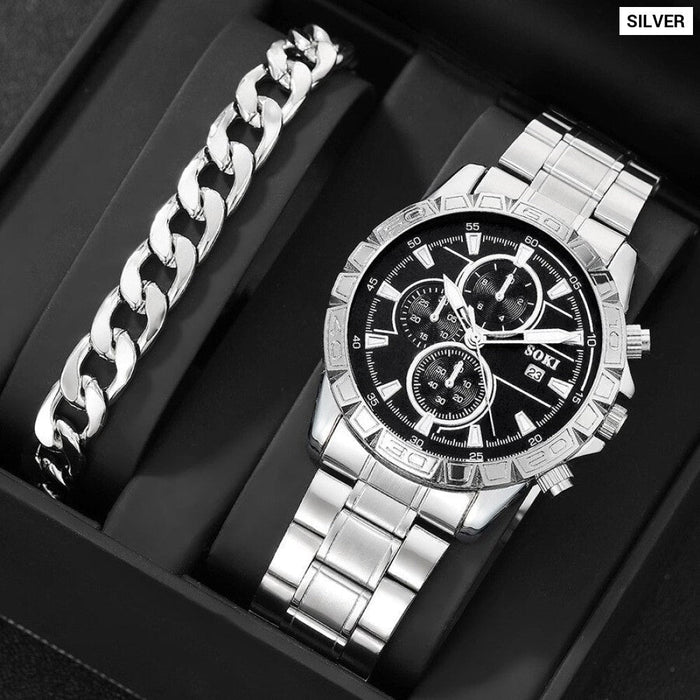 2pcs Men Stainless Steel Strap Sports Business Fashion Casual Round Pointer Calendar Quartz Watches Bracelet