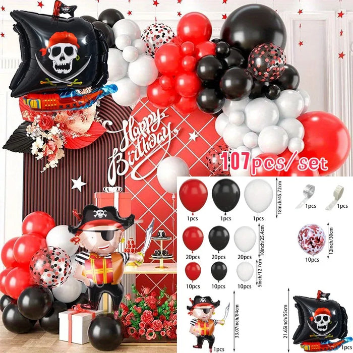 107Pcs Pirate Ship Themed Balloon Wreath Set Halloween Birthday Quinceanera Gender Reveal Bachelor Party Celebration Set