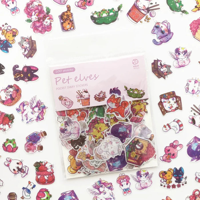 100 Pieces Kawaii Cat Green Plant Stickers For Journal Scrapbooking Stationery