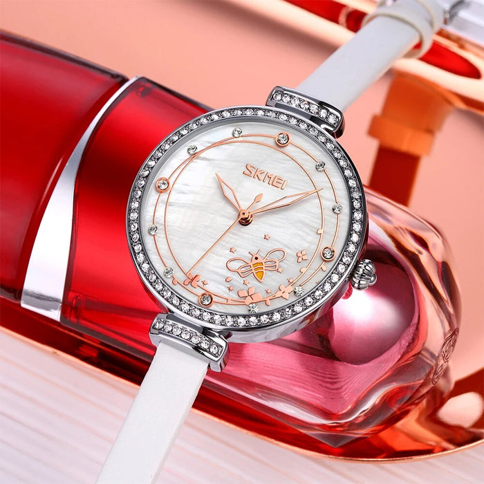 Women's PU Band Leather Analog Display Quartz 3ATM 30M Water Resistant Diamond Studded Wristwatch