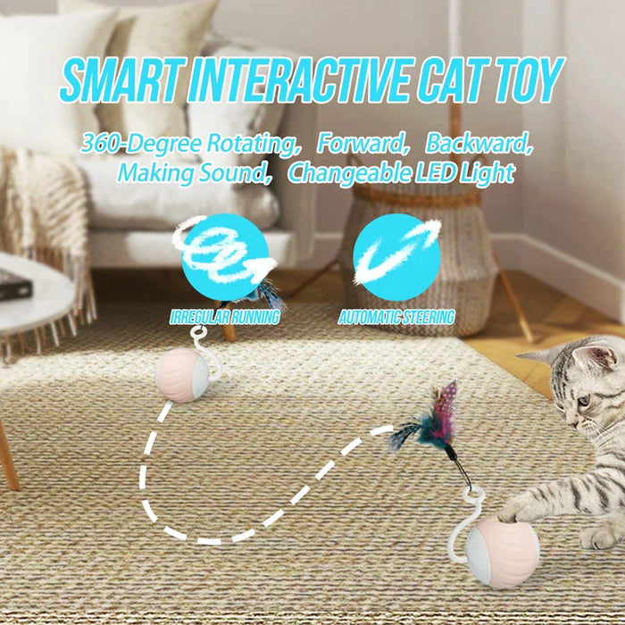 Smart Cat Toy Interactive Electric Kitten Ball With Led Light 3 Feathers Usb Charging