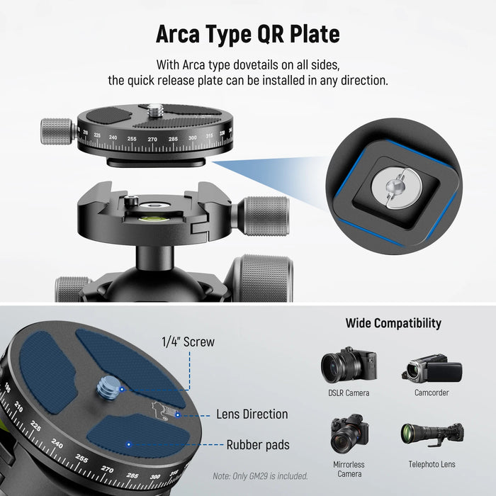 Low Profile Ball Head For Tripod & Monopod Heavy Duty Dual 360° Panorama Low Center Of Gravity