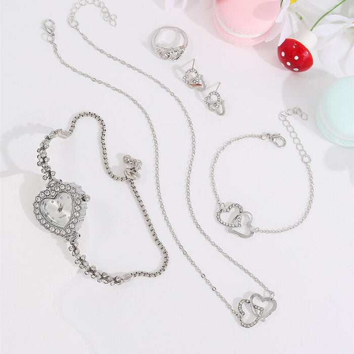 6Pcs Set Luxury Women Watch Ring Heart Shaped Hollow Pendant Necklace Earring Rhinestone Fashion Wristwatch