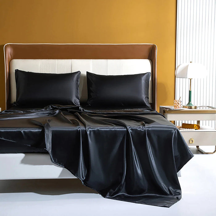 Luxury Black Satin Fitted Sheet Set Bedding