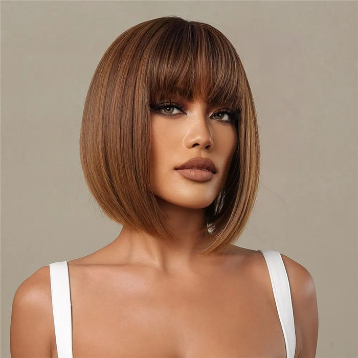 Honey Brown Bob Wig With Bangs