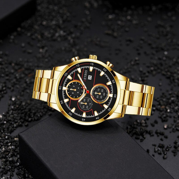 Men's Fashion Luxury Gold Stainless Steel Quartz Watches Man Calendar Sports Clock Male Luminous Watch Necklace Set