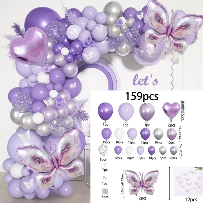 159Pcs Purple Butterfly Balloon Arched Wreath Set For Bathing Brides Wedding Shower Birthday Party Gender Reveal Decoration