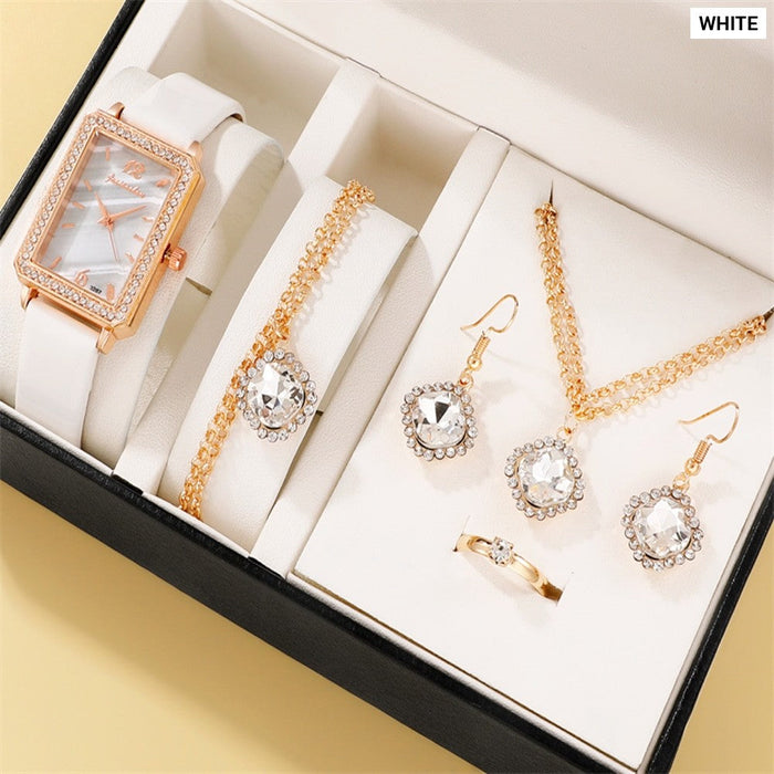 6pcs Set Women Rose Gold Luxury Quartz Watch Rhinestone