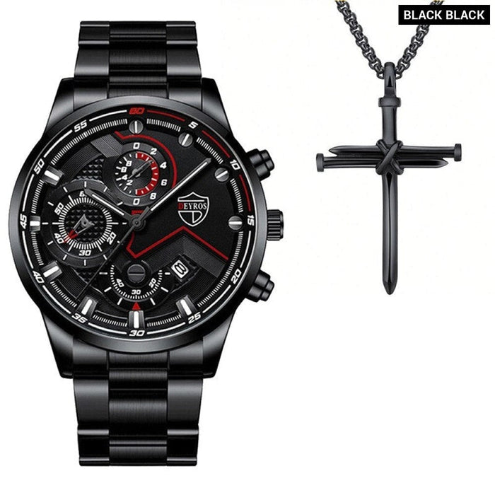 2PCS Fashion Mens Necklace Watches Set Men Business Calendar Stainless Steel Quartz Watch Male Casual Sports Wristwatch