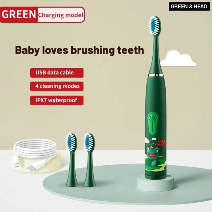 Electric Ultrasonic Rechargeable Soft Cartoon Toothbrush With Replacement Heads For Kids