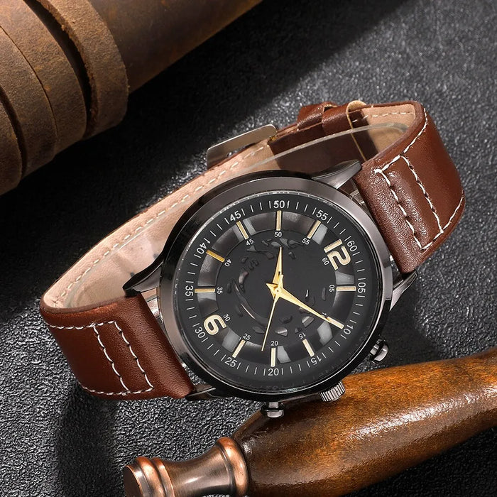 Hollow Out Men Watch Luxury Bracelet Set Fashion Business Brown Leather Quartz Wrist Watches for Men