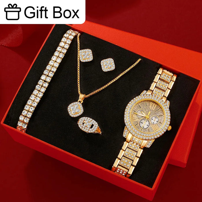 6pcs Set Women Box Watch Golden Luxury Brand Design Watches