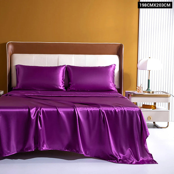 4 Piece Luxury Purple Satin Fitted Sheet Set