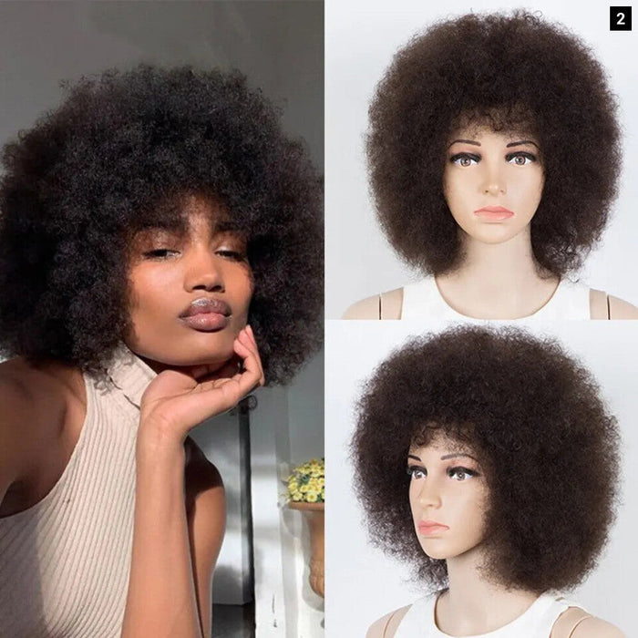 Short Afro Kinky Curly Human Hair Wig With Thick Bangs