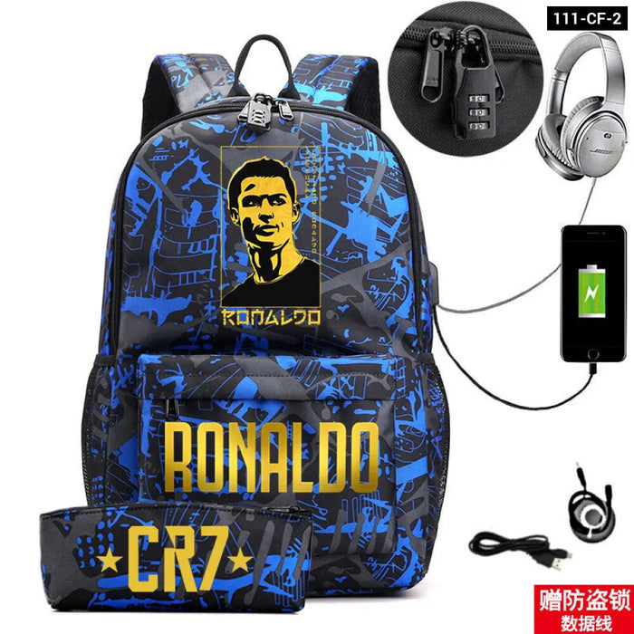 Ronaldo Printed Backpack With Usb And Lock 2 Piece Set