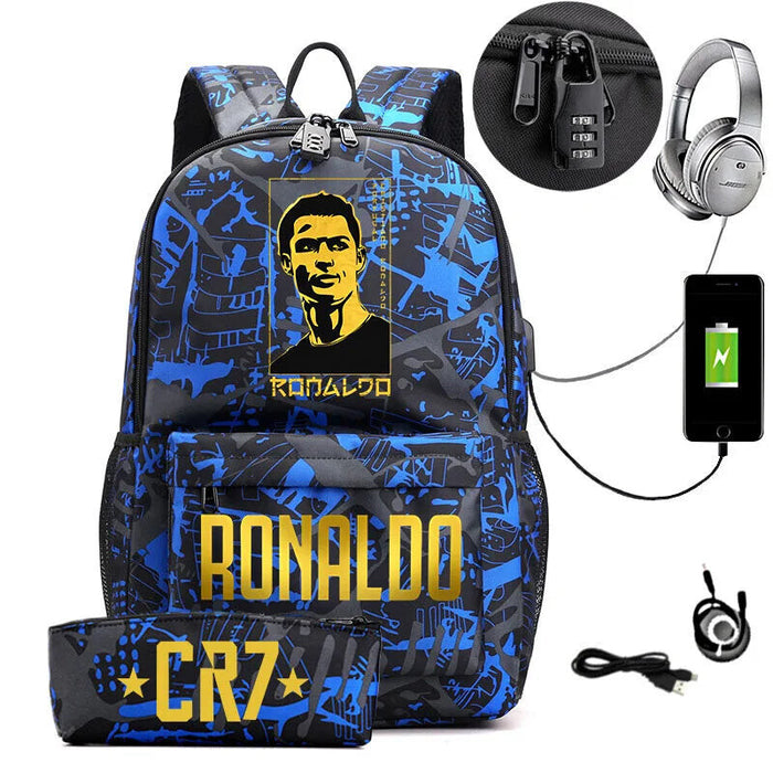 Ronaldo Printed Backpack With Usb And Lock 2 Piece Set