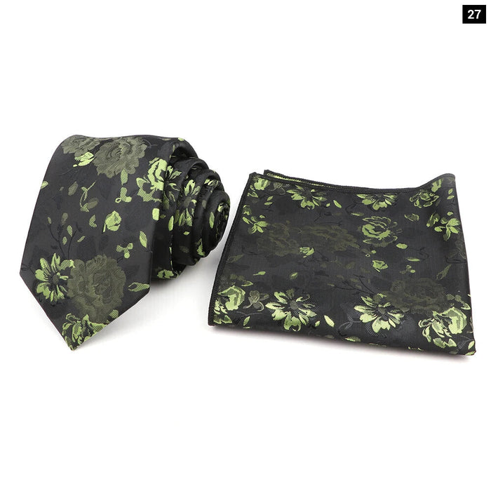 Green Floral Tie Set Classic Design Polyester For Weddings And Parties