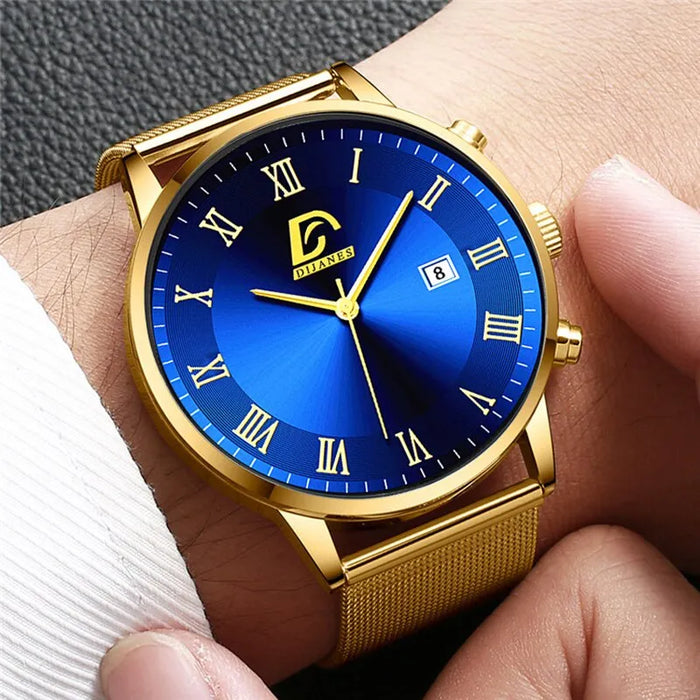 2PCS Set Fashion Mens Calendar Watches Luxury Men Business Gold Stainless Steel Mesh Belt Quartz Watch