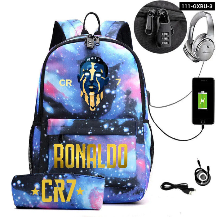 Ronaldo Printed Backpack With Usb And Lock 2 Piece Set