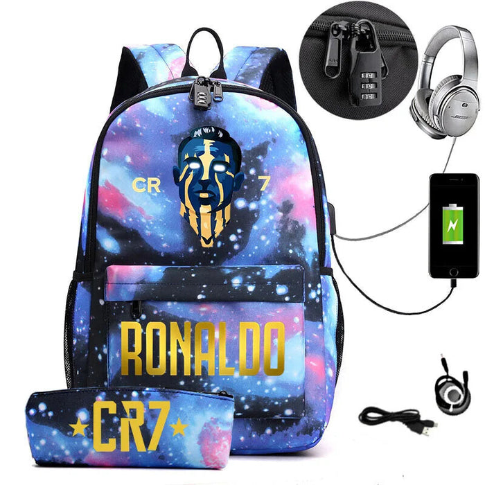 Ronaldo Printed Backpack With Usb And Lock 2 Piece Set