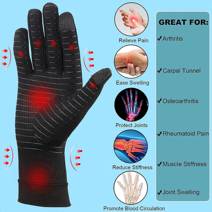 1 Pair Copper Full Finger Touch Screen Compression Gloves For Work Arthritis Pain